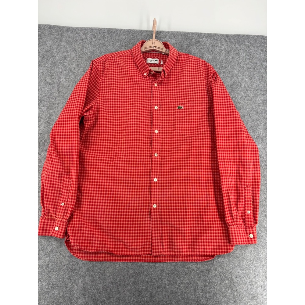 Lacoste Mens Red Gingham Check Long Sleeve Button Down Shirt Regular Fit Large